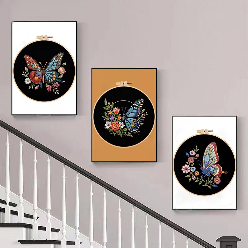 Konrisa Flower Butterfly Embroidery Kits for Adults, Stamped Embroidery Starter Kit with Hoop,DIY Sewing Needlepoint Cross Stitch Kit, Set of 3 - color: black