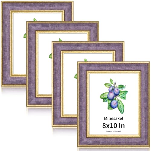 8x10 Picture Frame - Lavender Purple Fabric & Vintage Gold Border HD Real Glass with Easel for Tabletop/Wall (Family Photos, Calm Decor 4 Pack) - color: Purple-4pcs, size: 8x10