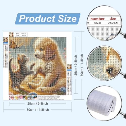 Puppy Diamond Art Kits for Adults, 5D Kitten Diamond Painting Kits for Adults, DIY Gem Painting, Crafts for Adults, Dimond Art Paintings Kit, Full Drill Diamond Dot for Home Wall Decor 12X12 Inch - color: The puppy and the kitten
