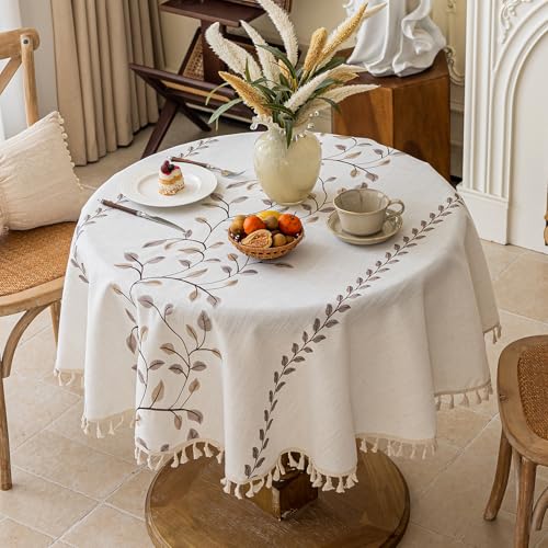 Joyfol Day Round Linen Tablecloth, Heavy Duty Waterproof Tablecloths, Farmhouse Embroidery Leaves Table Cloth with Tassels, Soft Wrinkle Free Table Cover, Coffee Vines, 55 inch - color: Coffee Vines, size: 55" (Round)