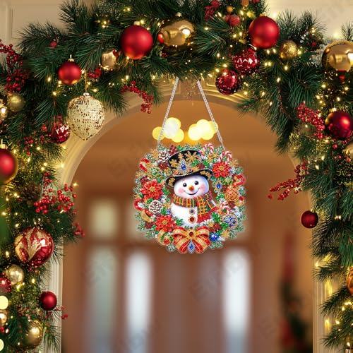 Eiflow Acrylic Christmas Diamond Art Hanging Kit for Adults Wreath, DIY Snowman Diamonds Painting Door Hanger Ornament Kit Wreath Crystal Diamond Art Painting Wall Window Hanging Pendant - color: Christmas Wreath-1