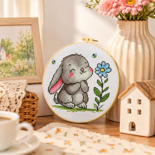 Stamped Cross Stitch Kits for Beginners-Cute Rabbit,with Embroidery Hoop - color: Cross Stitch-Rabbit