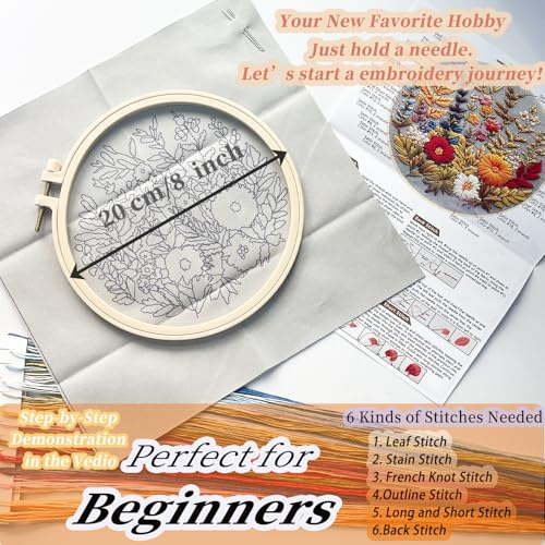 FONNUY Floral Embroidery Kit for Beginners, Colorful Flowers Pre-Stamped Pattern Kits for Adults with Hoop, Thread Needlework, 8'' Hoop (Daisy) - color: Daisy