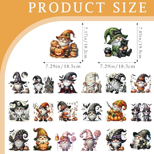 Dazoratix Halloween Gnome Iron on Transfers - 20 Sheets Funny DTF Ready to Press Heat Patches Ghost Pumpkin Vinyl Stickers Decals for T Shirts Clothes Clothing DIY Crafts Bag Hat Appliques Decorations - style: Halloween Gnome