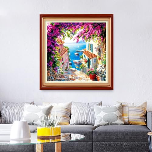 Foxhool Stamped Cross Stitch Kits,11CT Printed Cross Stitch Pattern Full Embroidery Kits for Beginner Needlepoint Kits&Seaside Floral Scenery 18x18 inch - color: ColorSet06
