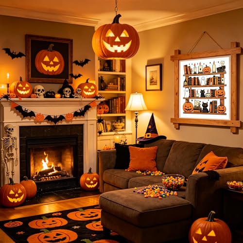 KYOQFVN Bookshelf Stamped Cross Stitch Kits for Adults Beginners - Halloween Counted Cross Stitch Kits - Halloween Embroidery Kits for Beginners Adults Arts Craft 14x14 inch - color: SZXWSJ-01