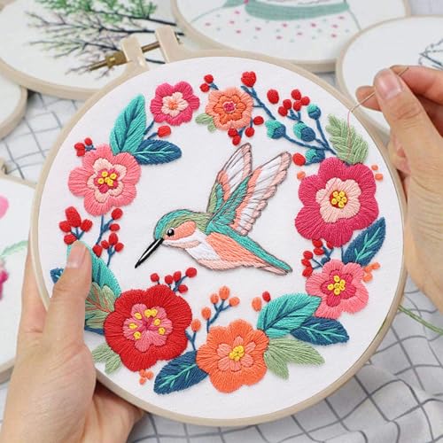Louise Maelys Hummingbird Flower Embroidery Kit for Beginners Gift - color: Hummingbird flowers