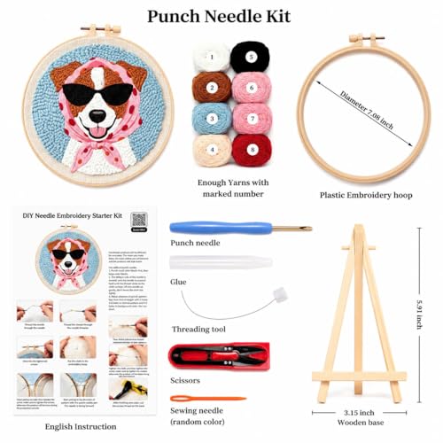 CELCRAFTIQUE Punch Needle Kits for Adults Beginner, Tool with Punch Needle Fabric, Hoops, Yarns and Sewing Needles (Sunny Pup) - color: Sunny Pup