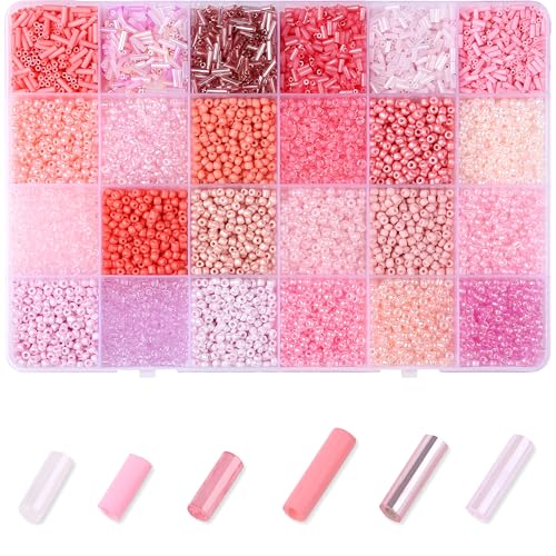 7500Pcs Pink Glass Seed & Tube Bugle Beads Kit for Embroidery and Craft - color: E-Pink