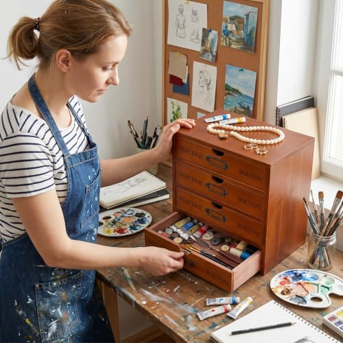 Wesiti Wooden Desk Organizer, 4 Drawers, Vintage Makeup Cabinet, Brown - color: Brown, size: 4 Drawers