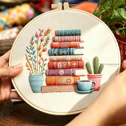 DIY Embroidery Kit for Beginners Adults, Stamped Books, Flowers & Coffee Pattern Embroidery Kit, Cross Stitch Set Include Embroidery Cloth Hoops Threads Needles Instruction, for Home Ofiice DIY Gift