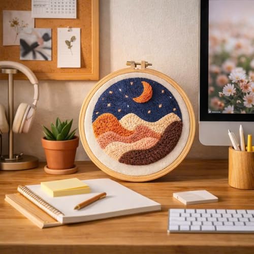 CELCRAFTIQUE Punch Needle Kits for Adults Beginner, Tool with Punch Needle Fabric, Hoops, Yarns and Sewing Needles (Night Desert) - color: Night Desert