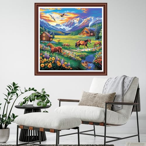Dimensean Counted Cross Stitch Kit for Beginners, 11CT Unprinted Cross-Stitch Kit Easy Patterns Needlepoint Kit Cross Stitching Embroidery Kit Supplies-Grassland Steed 18x18 inch - color: ColornNEW03
