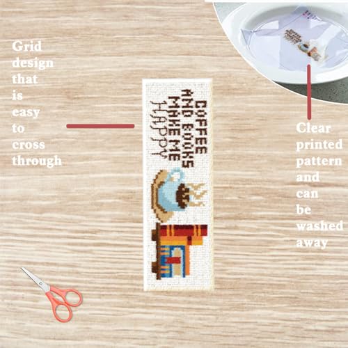 FREEBLOSS 6 Set Cafeteria Cross Stitch Bookmark Stamped Cross Stitch Kit with Coffe&Books Patterns Embroidery Kit with Instruction DIY Bookmark Kit for Gift Adults 8.67''x3'' - style: Coffee Text
