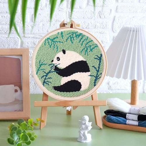 KESTAR Punch Needle Embroidery Starter Kits, Panda Bamboo Punch Needle Kits for Adults Beginner, Needle Punch Kit Tool with Instruction Threader Fabric Yarns and Hoop - color: Black White Panda