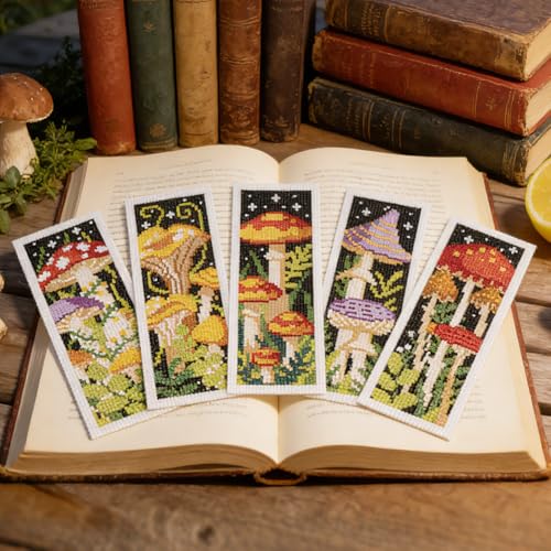 ORIGACH 6 Set Mushroom Jungle Cross Stitch Bookmark Kit for Beginner - style: Mushroom Jungle