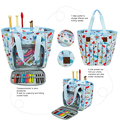 crochet bag,knitting bagBackpack and Tote Bag Storage Bag ，Large capacityYarn Storage Organizer Travel Crochet Bag Women Carrying Crochet Accessories Knitting Needles Crochet - color: BULE SQUARE BAG