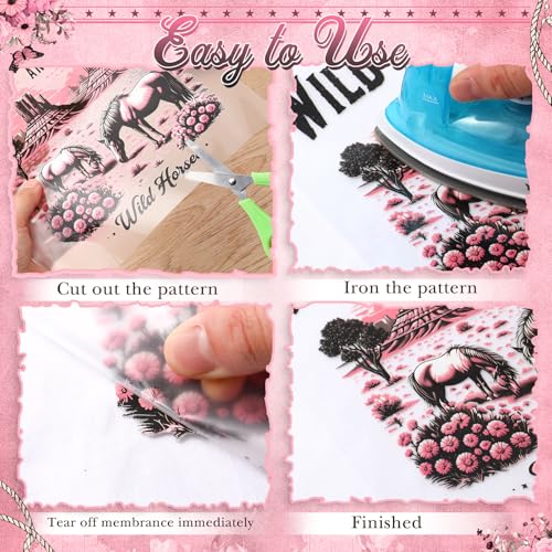 Fainne 12 Sheets Iron on Transfers, Western Pink Cowgirl Flower Decals - style: Pink Cowboy