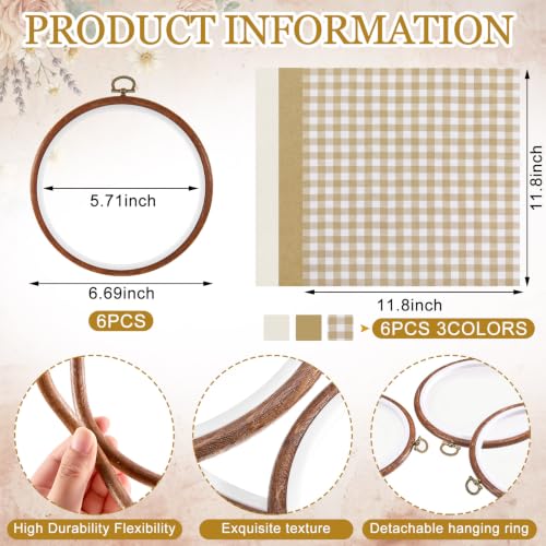 Tudomro 12 Pcs Decorative Embroidery Hoop with Fabric Set 6.7" Round Imitated Wood Cross Stitch Frame & 11.8" Khaki Pre-Cut Cloth Squares for DIY Art Craft Sewing Hanging Ornament - color: Khaki