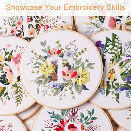 Harimau Letter Pattern T Embroidery Kit for Adult Beginners, Complete Starter Pack with 1 Hoop, Needles, Instruction Guide & Embroidery Stitch Video Tutorials - color: T