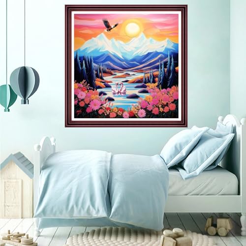 Funchey Counted Cross Stitch Kits for Adults Needlepoint Kits Unprinted Cross Stitching Embroidery Kit 11CT Cross Stitch Supplies-Sunrise Scenery of Mountains Rivers 18x18 inch - color: ArtsKits15