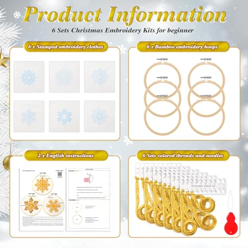 Roowest 6 Sets Christmas Embroidery Kits Snowflake Ornament DIY,Gold - color: Gold