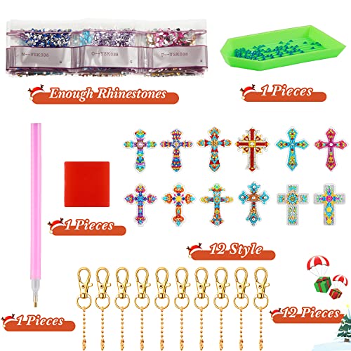 Junkin 12 Pcs Cross Diamond Painting Keychains, 5D DIY Craft Kits - style: Cross