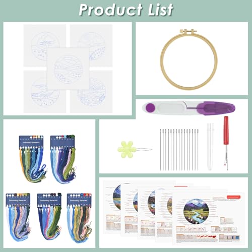 ERKOON 5 Sets Embroidery Kit for Beginners Adult Landscapes Cross Stitch - color: Landscapes