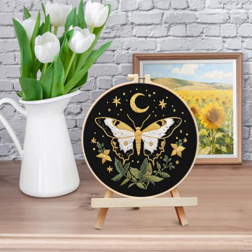 ERKOON Embroidery Kit for Beginners Adult Cross Stitch Set Include Embroidery Cloth Hoop Threads for Craft Lover Hand Stitch with Embroidery Skill Techniques (Moon Butterfly) - color: Moon Butterfly