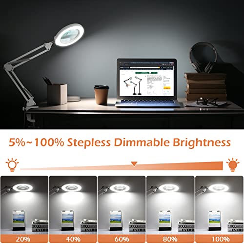 12X Real Glass Magnifying Glass with Light and Stand, LED 5 Color Modes, Stepless Dimmable Magnifying Floor Lamp, 3-in-1 Adjustable Swing Arm Lighted Magnifier Lamp with Clamp for Craft - White - color: White
