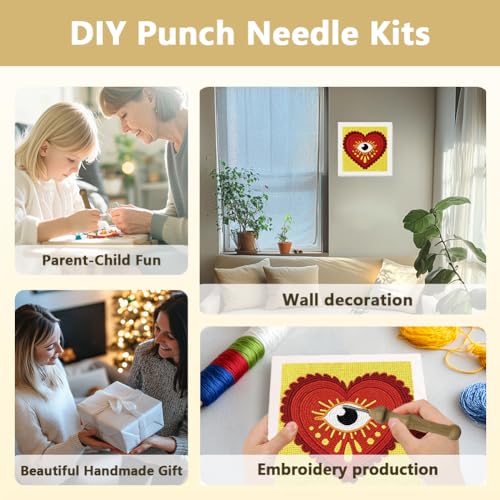 Doodlream Love Eye Heart Needle Kit for Beginner, 9.4"x 9.4" Boho Punch Stitching Craft Set, Red DIY Embroidery Starter with Printed Frame, Instruction, Threader, Yarn, Pinch Needle - color: Eye