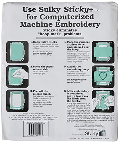 Sulky Sticky Self, 22.5-Inch by 36-Inch, Adhesive Tear/Away Stabilizer