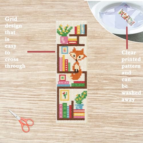 FREEBLOSS 6 Set Cross Stitch Bookmark Kits Fox Bookshelf Pattern Stamped Embroidery Kit Stitch Bookmarks DIY Book Marks Printed Cross Stitch Kits with Instructions for Beginners Adults, 8''x2.4'' - style: Fox bookshelf