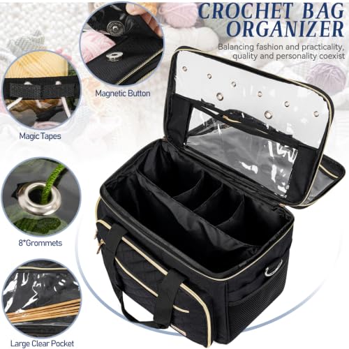FREEAMG Knitting Bag, Crochet Bag Organizer, Yarn Storage Bag with Divider - color: Black