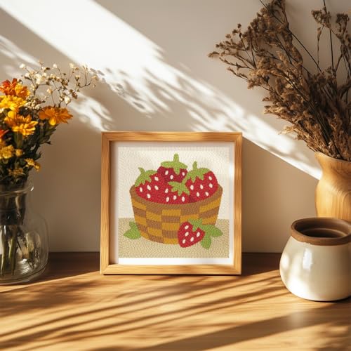 Doodlream Strawberries DIY Punch Needle Embroidery Kit for Adult Beginner, 9.4" A Basket of Strawberries Punch Stitching Craft Set for Starter with Frame, Fabric Pattern, Threader, Yarn, Pinch Needle - color: Strawberries
