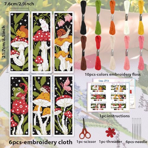 ACRNIGHEET 6PCS Stamped Cross Stitch Bookmark Kit for Beginners Mushroom - style: Mushroom Patterns