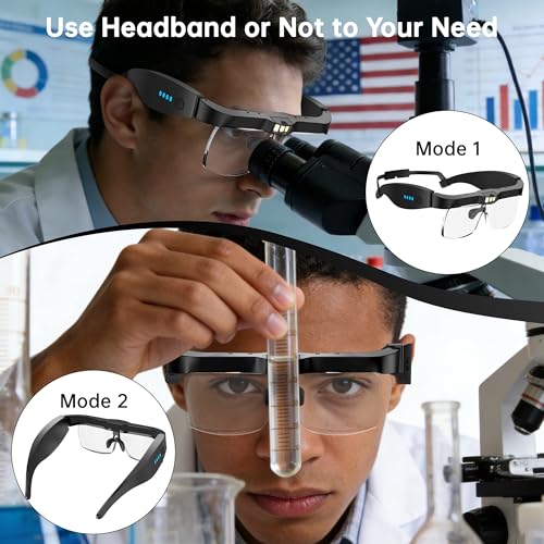 Magnifying Glasses with Light,0.75X-4.0X Magnifying Headset | Detachable 5 Lenses,3 LED Lights,Rechargeable Magnify Glasses, Hands Free Headband Magnifier for Close Work Hobby Crafts for Jewelry - color: Black