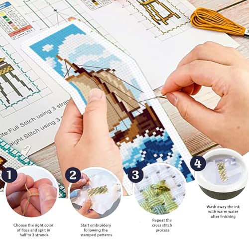 ORIGACH 6 Set Ocean Wave & Nautical Cross Stitch Bookmark Kit for Beginner - style: Ocean Wave