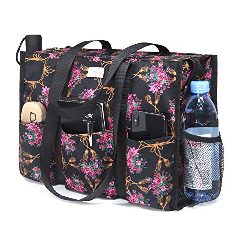 TOPDesign Utility Water Resistant Tote Bag with 13 Pockets, Zipper Closure - color: Baroque Cloves, size: Medium