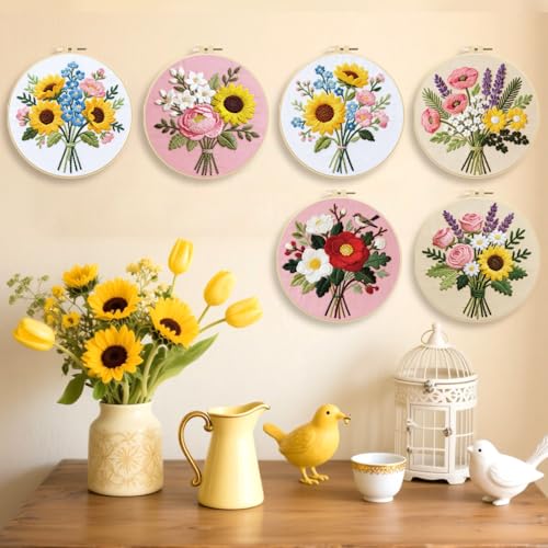 ORIGACH 6 Pack Flower Bouquet Embroidery Kit for Beginner - style: Flower Bouquet