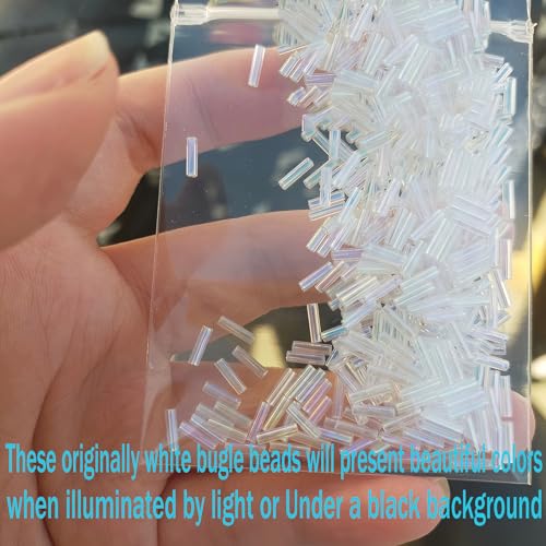 4200pcs Glass Bugle Beads, Mini Long Tube Seed Beads Bulk, Tiny Small Loose Spacer Embroidery Beaded for Bracelets Jewelry Making Sewing, Crafts, Christmas Ornaments, 2×6mm, Clear White AB - color: Clear White AB