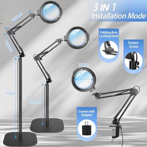 12X Large Magnifying Glass with Light and Floor Stand, 5.2" Floor Lamp - color: Matte Black