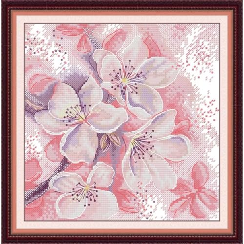 Stamped Cross Stitch Kits for Beginners- Full Set of Pink Peach Blossom Embroidery for Adults,11 CT 3 Strands DIY Patterns Counted Arts Craft 12.6×13 inch - color: Pink peach blossom