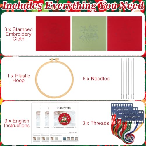 Mindsoft 3 Sets Christmas Booklover Embroidery Kit with Hoop Easy Pattern - style: Christmas Booklover
