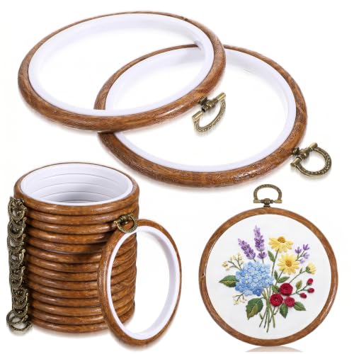 Oqqlin 15 Pcs Imitated Wood Embroidery Hoops, 4 Inch Round Rubber Embroidery Frame Retro Small Circle Cross Stitch Hoop for Displaying, Sewing, Gifts, DIY, Home Decor - size: 4 Inch