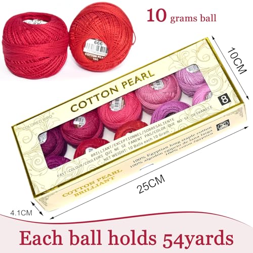 Double Mercerized Egyptian Long Staple Cotton Pearl Thread Ball 10 Grams Rainbow Color Embroidery Thread 10 Colors per Box for Crochet Hardanger Cross Stitch Hand Embroidery,red Series - color: red series