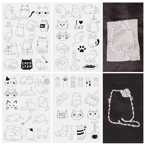 Magibeads 57 Patterns Cat Water Soluble Embroidery Patterns Kitten Paw Print Cartoon Animal Pet Stick and Stitch Transfer Embroidery Paper for Hand Sewing Beginners Starter Adult - color: Cat