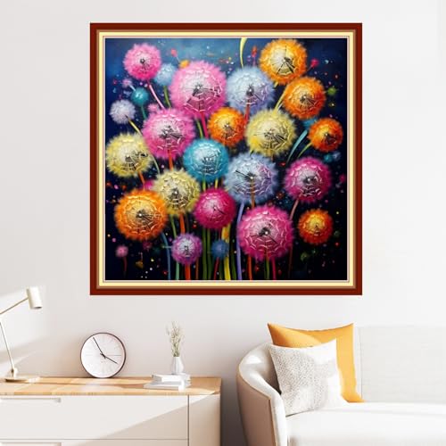 Disxvivy Cross Stitch Stamped Full Embroidery Kits DIY 11CT Cotton Thread Printed DIY Needlepoint Kits Craft Needlework Set Cross-Stitch Stamped Sets-Colorful Dandelion 18x18 inch - color: Artstyle28