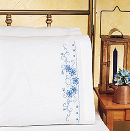 Janlynn 65-32083 Blue Floral Pillowcase Pair Stamped Cross Stitch-20 X30