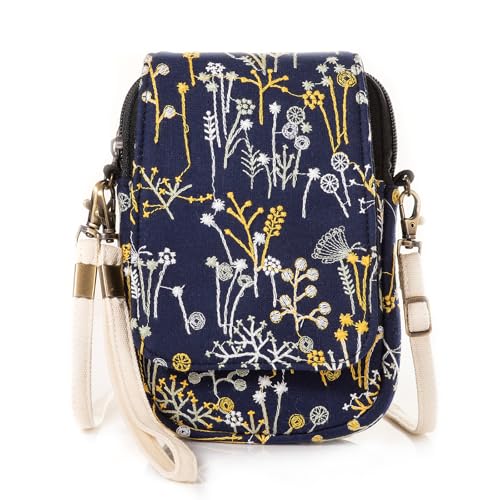 Embroidery Flowers Canvas Crossbody Bag, Women Messenger Bag, Cellphone Pouch Purse - color: Deepblue Grass